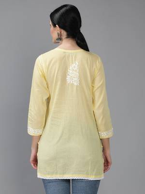 Hand Embroidered Lucknowi Chikankari Yellow Cotton Short Top  2