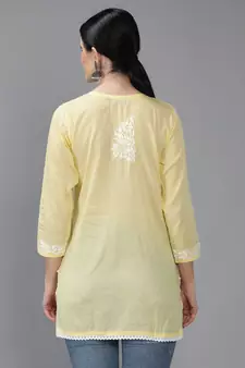 Hand Embroidered Lucknowi Chikankari Yellow Cotton Short Top 
