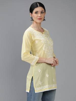 Hand Embroidered Lucknowi Chikankari Yellow Cotton Short Top  3