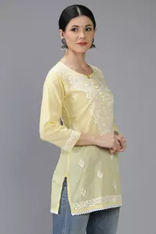 Hand Embroidered Lucknowi Chikankari Yellow Cotton Short Top 