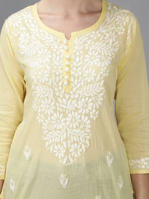 Hand Embroidered Lucknowi Chikankari Yellow Cotton Short Top  4