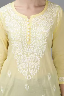 Hand Embroidered Lucknowi Chikankari Yellow Cotton Short Top 