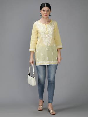 Hand Embroidered Lucknowi Chikankari Yellow Cotton Short Top  5