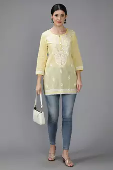 Hand Embroidered Lucknowi Chikankari Yellow Cotton Short Top 