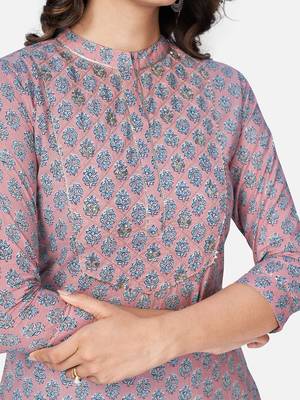 Women's Printed & Sequience Work Straight Cotton Light Pink Kurta With Pant & Dupatta 5