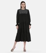 Silk Slub Black Embroidered Dress