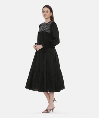 Silk Slub Black Embroidered Dress 2