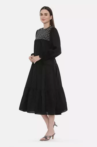 Silk Slub Black Embroidered Dress