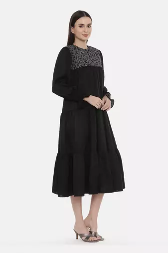 Silk Slub Black Embroidered Dress