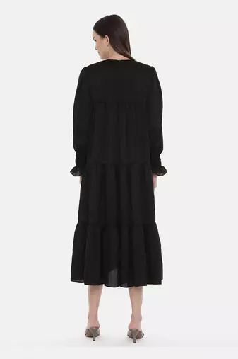 Silk Slub Black Embroidered Dress