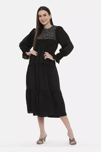 Silk Slub Black Embroidered Dress