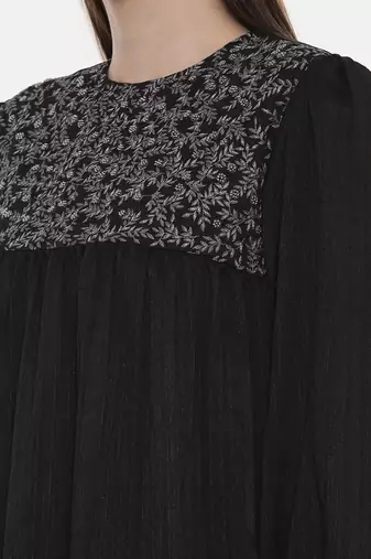 Silk Slub Black Embroidered Dress