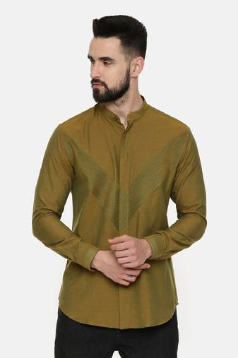 Mustard Green Pintuck Cotton Shirt