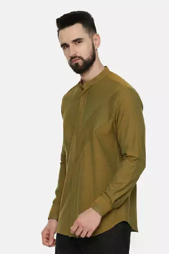 Mustard Green Pintuck Cotton Shirt