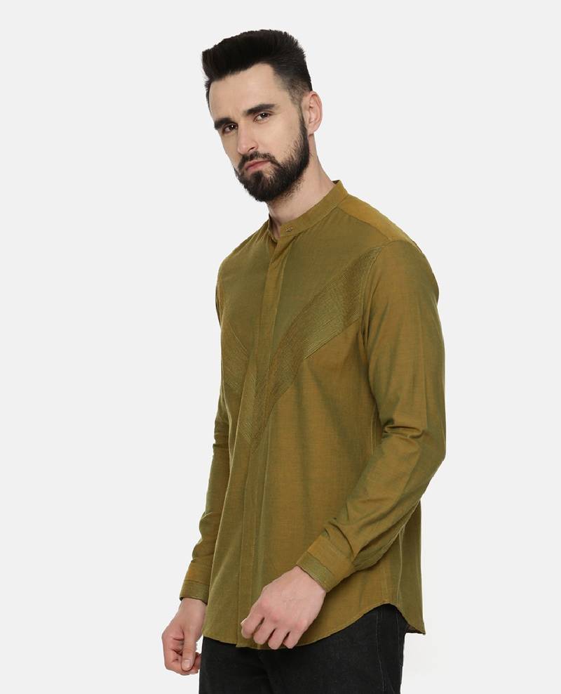 Mustard Green Pintuck Cotton Shirt