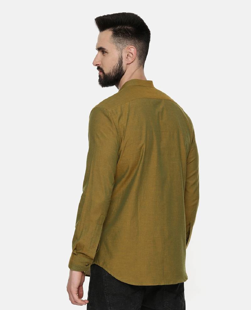 Mustard Green Pintuck Cotton Shirt