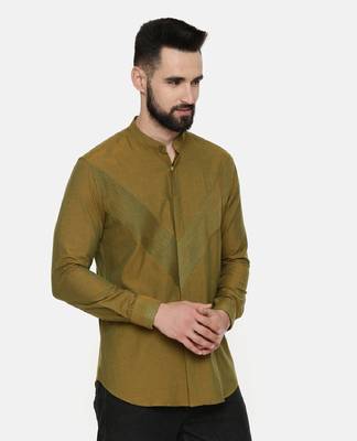 Mustard Green Pintuck Cotton Shirt 5