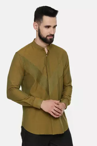 Mustard Green Pintuck Cotton Shirt