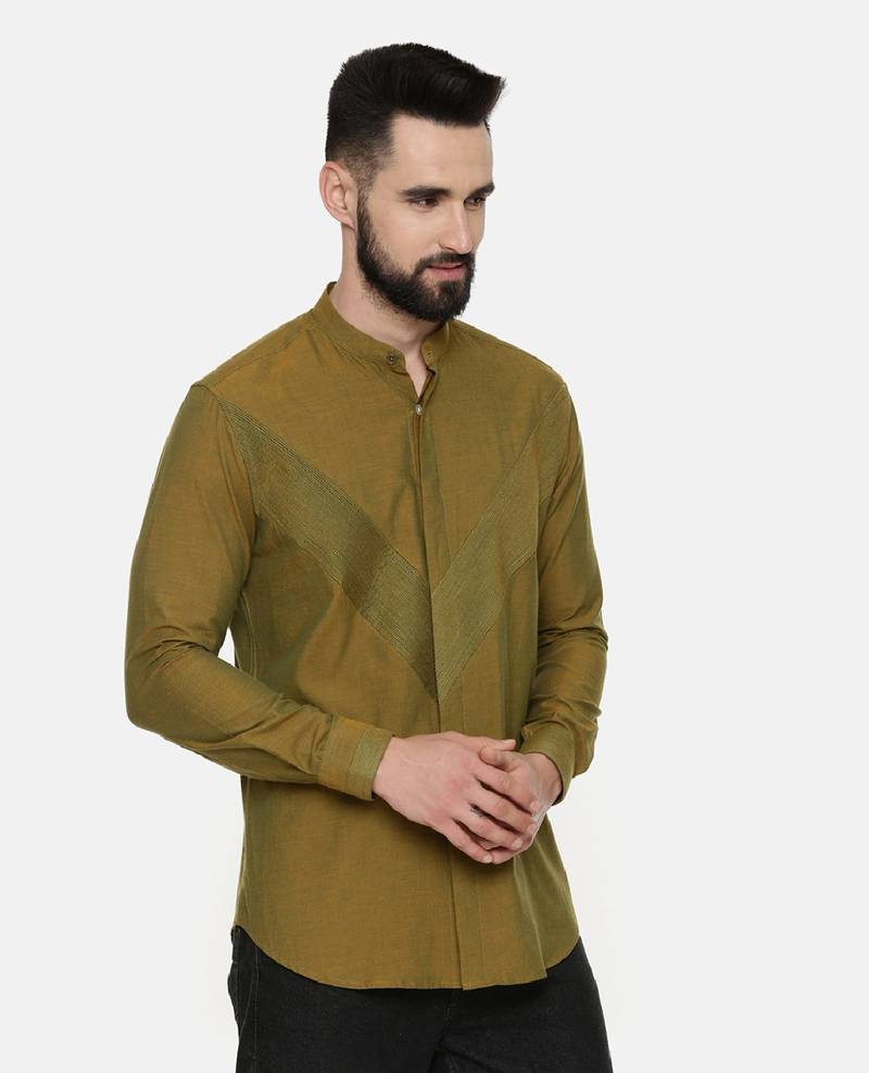 Mustard Green Pintuck Cotton Shirt