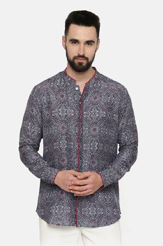 Linen Bemberg Blue Printed Shirt