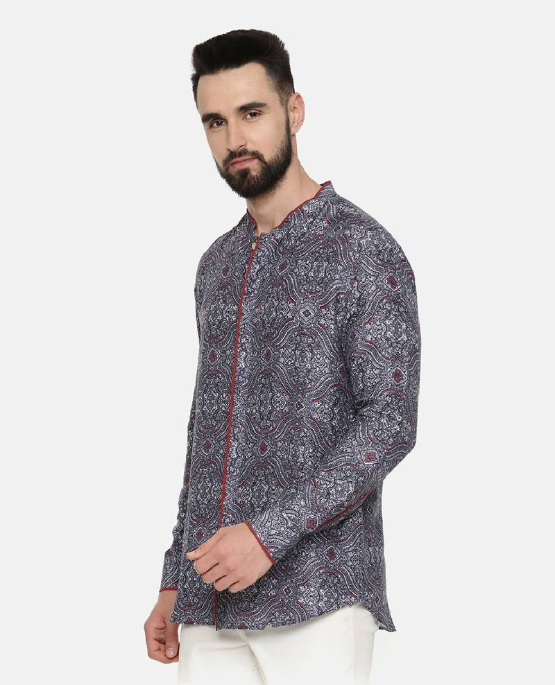 Linen Bemberg Blue Printed Shirt