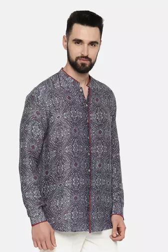 Linen Bemberg Blue Printed Shirt