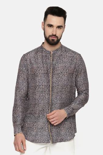 Linen Bemberg Blue Beige Printed Shirt