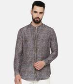 Linen Bemberg Blue Beige Printed Shirt