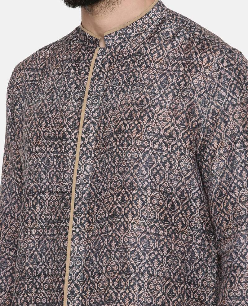 Linen Bemberg Blue Beige Printed Shirt