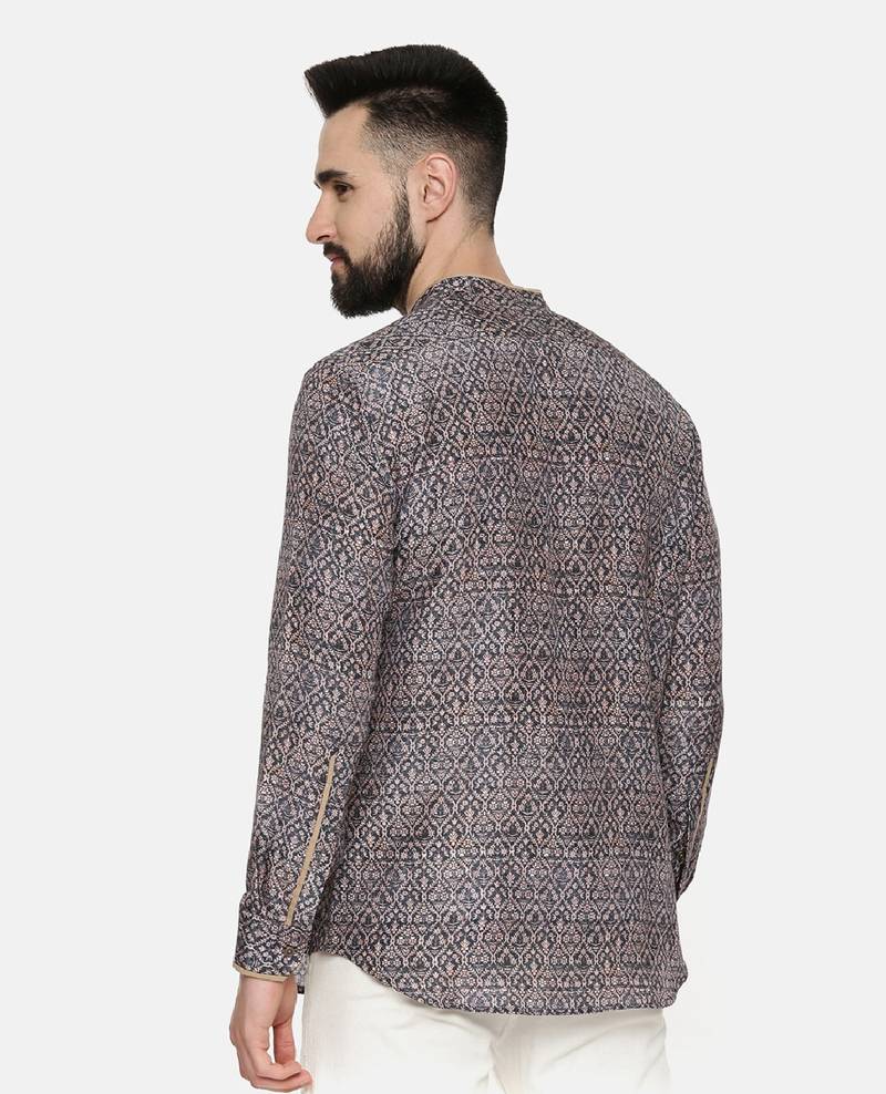 Linen Bemberg Blue Beige Printed Shirt