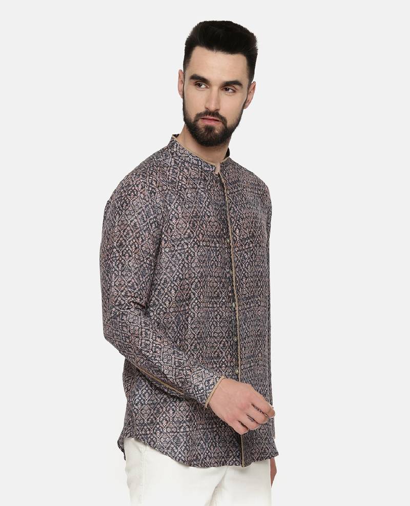 Linen Bemberg Blue Beige Printed Shirt