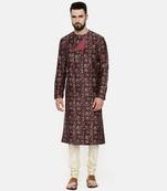 Linen Bemberg Brown Printed Kurta Set