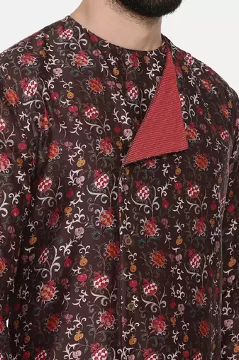 Linen Bemberg Brown Printed Kurta Set