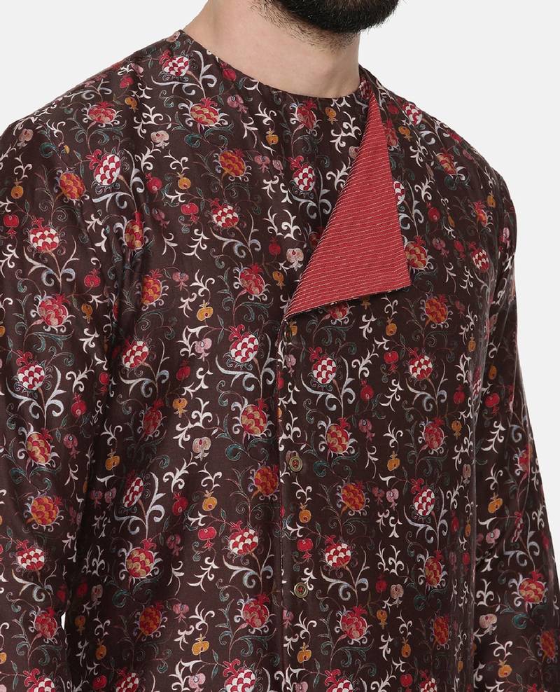 Linen Bemberg Brown Printed Kurta Set