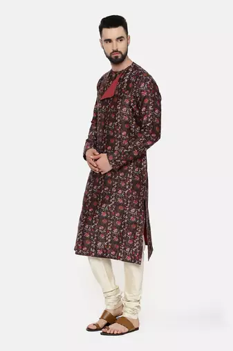 Linen Bemberg Brown Printed Kurta Set