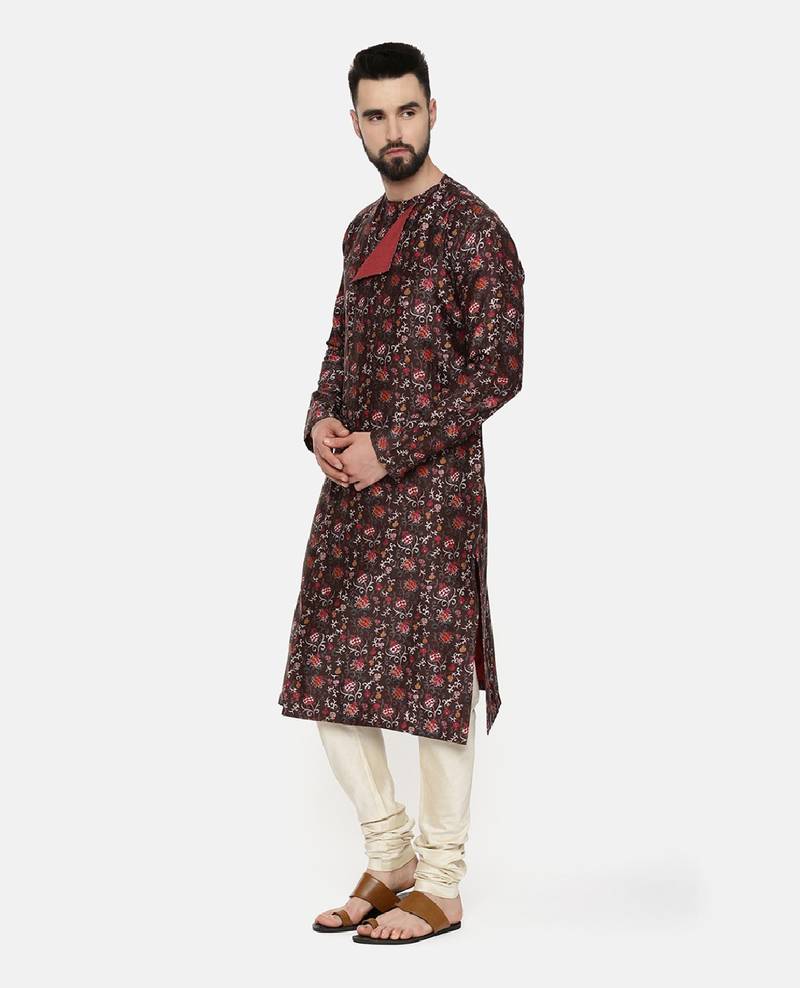 Linen Bemberg Brown Printed Kurta Set