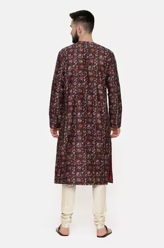 Linen Bemberg Brown Printed Kurta Set
