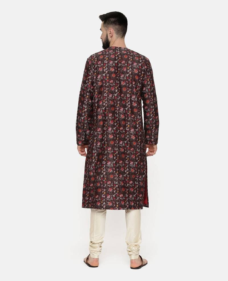 Linen Bemberg Brown Printed Kurta Set