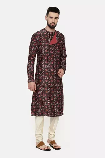 Linen Bemberg Brown Printed Kurta Set