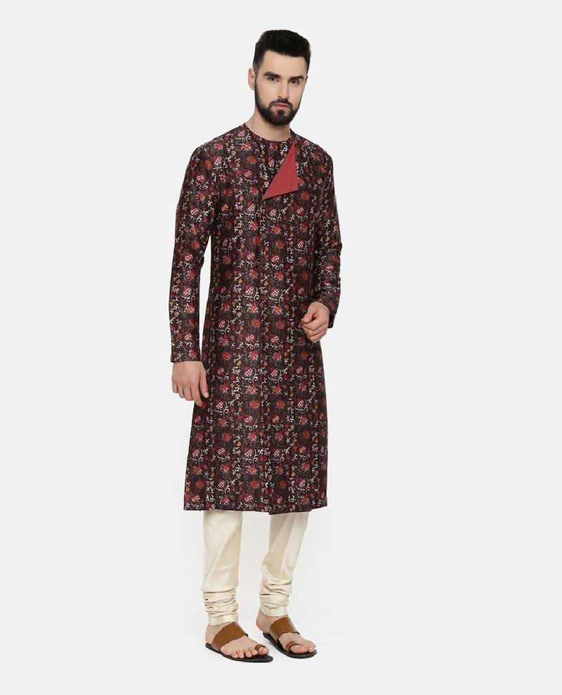 Linen Bemberg Brown Printed Kurta Set