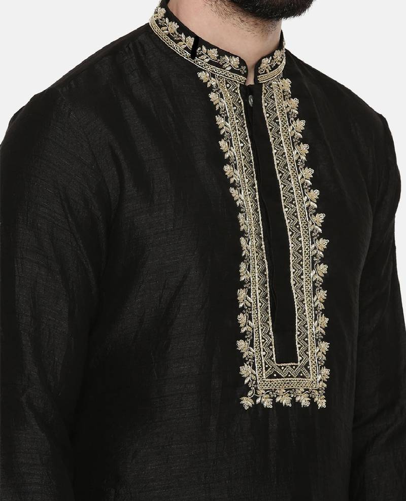 Black Embroidered Silk Kurta