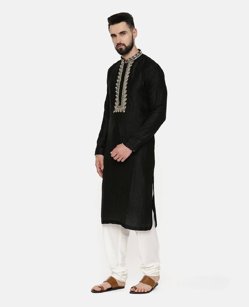 Black Embroidered Silk Kurta