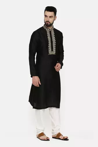 Black Embroidered Silk Kurta
