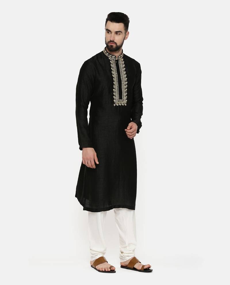 Black Embroidered Silk Kurta