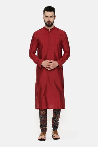 Red Silk Kurta With Printed Chudidar