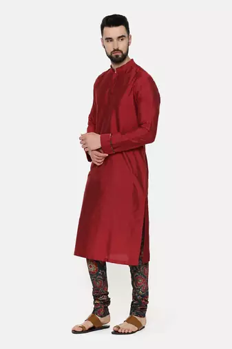 Red Silk Kurta With Printed Chudidar