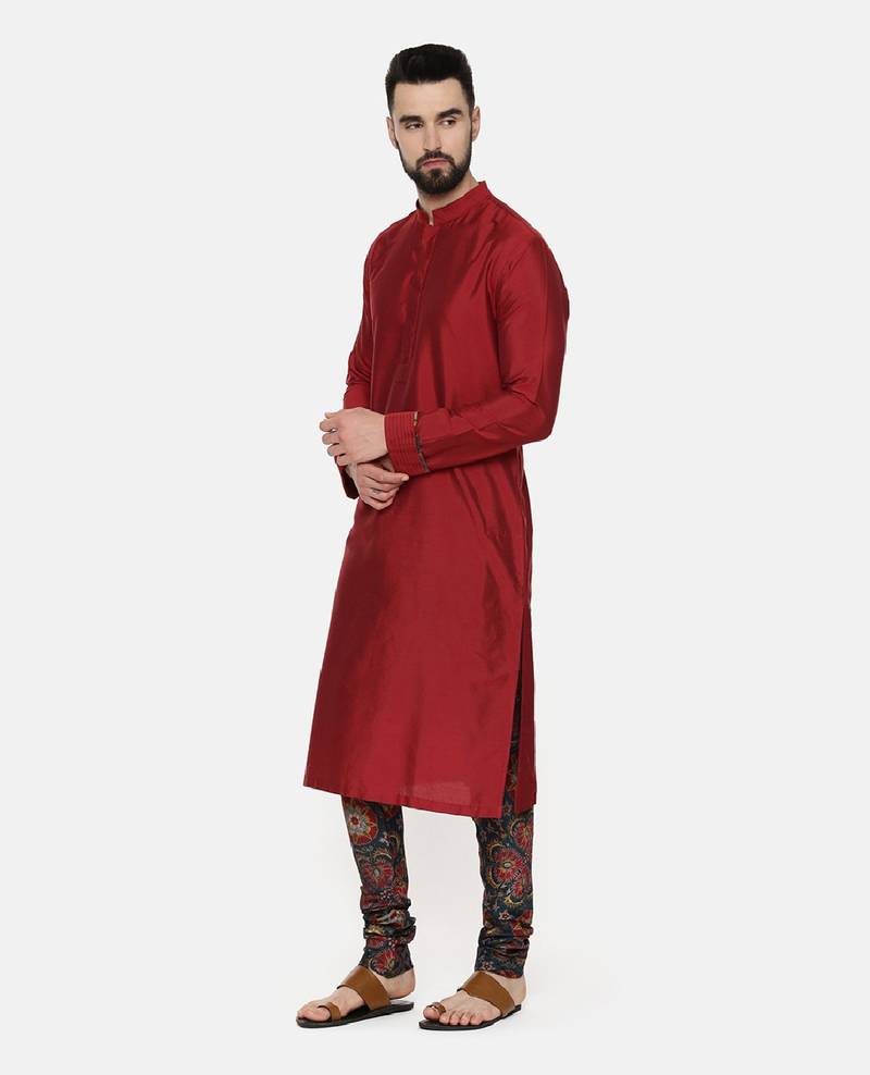 Red Silk Kurta With Printed Chudidar
