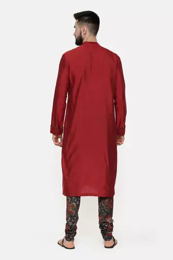 Red Silk Kurta With Printed Chudidar