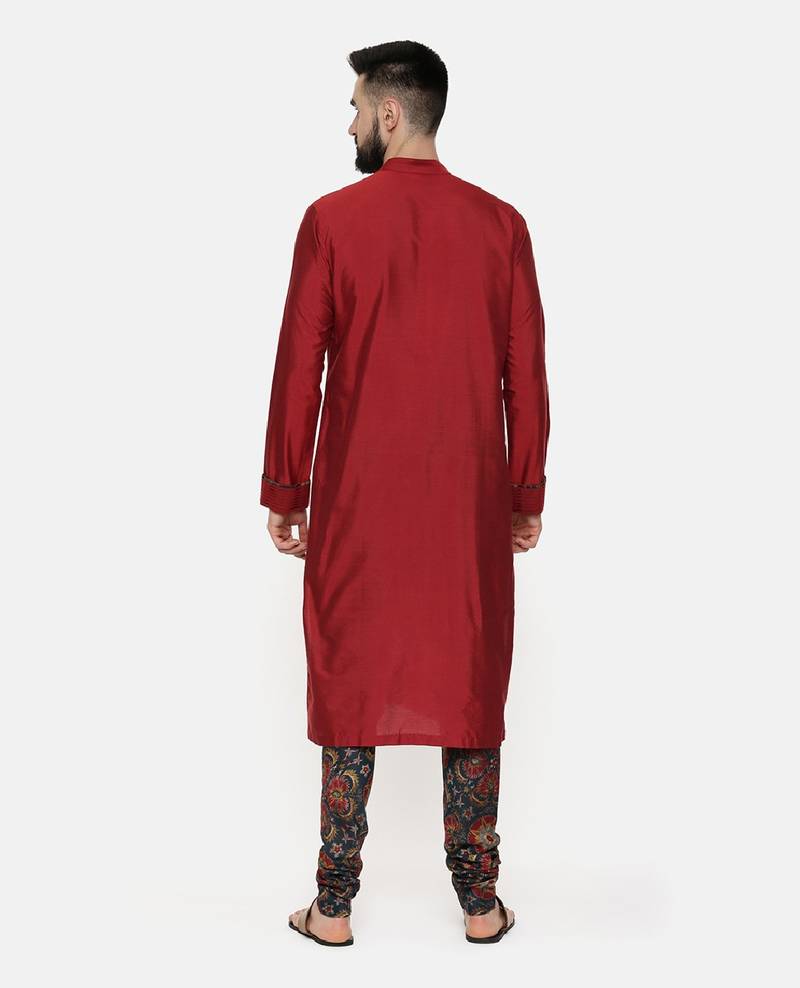Red Silk Kurta With Printed Chudidar