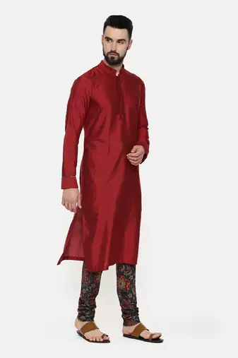 Red Silk Kurta With Printed Chudidar